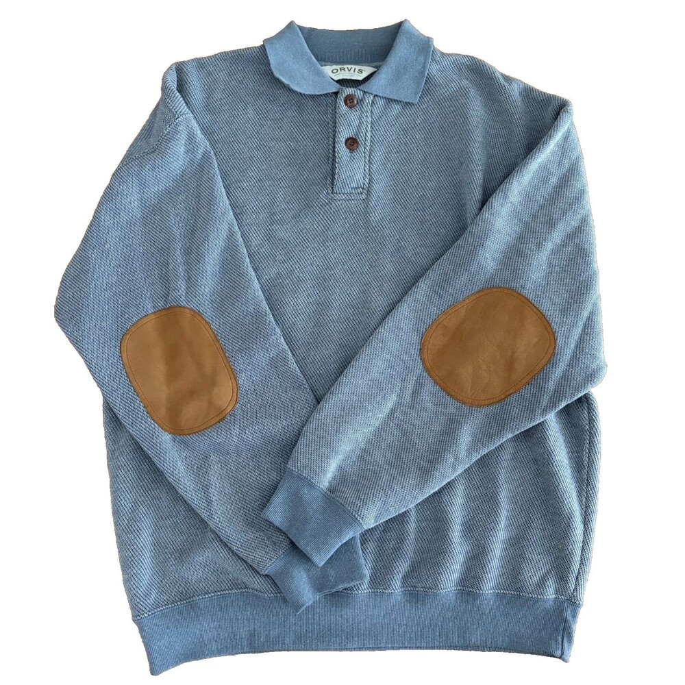 Orvis Sweater Mens Large Polo Collar Blue Elbow Patch Thick Knit 1/4 Button EUC